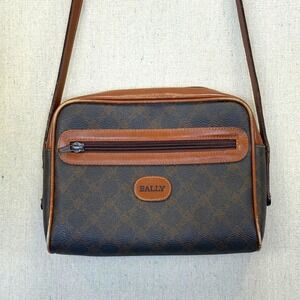 Bally Monogrammed Crossbody Bag Brown Leather Trim Zip Pocket Adjustable‎ Strap